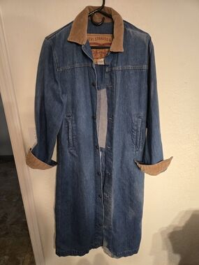 Vintage Levi’s Denim Duster Coat USA Corduroy Collar Long Jacket SMALL Strauss